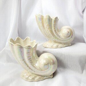 VTG Iridescent Ceramic Beachcombers Cornucopia Vases Nautilus Shell Design MCM